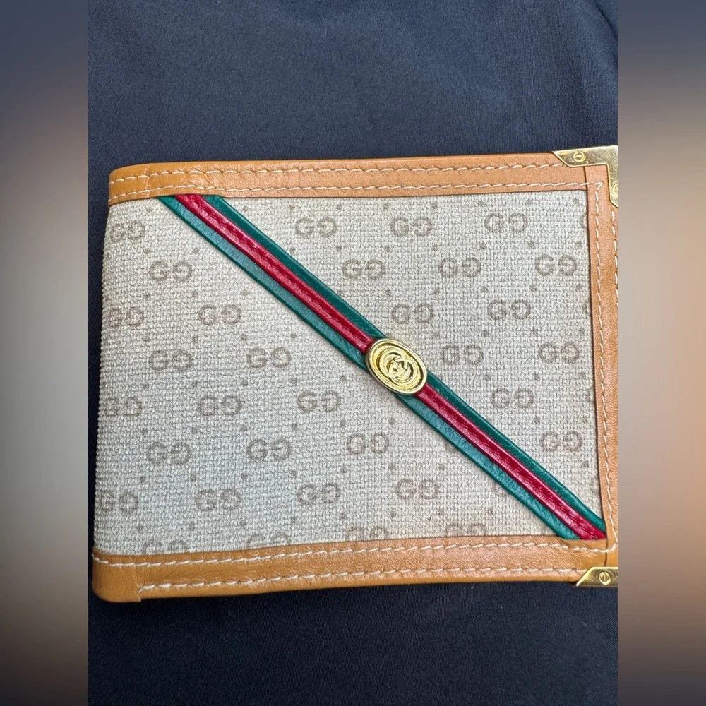 Gucci Rare Canvas and Tan Leather Bifold Wallet with Red-Green Web and Gold GG